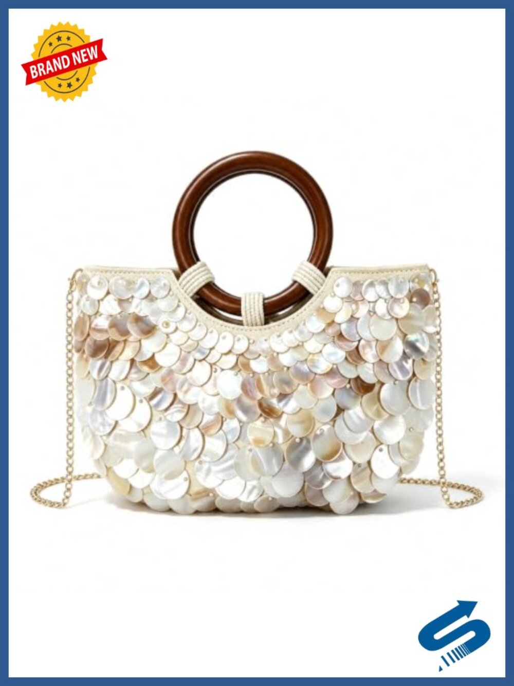 Shell Beaded Clutch Purse Wooden Handle Chain Strap Evening Bag
